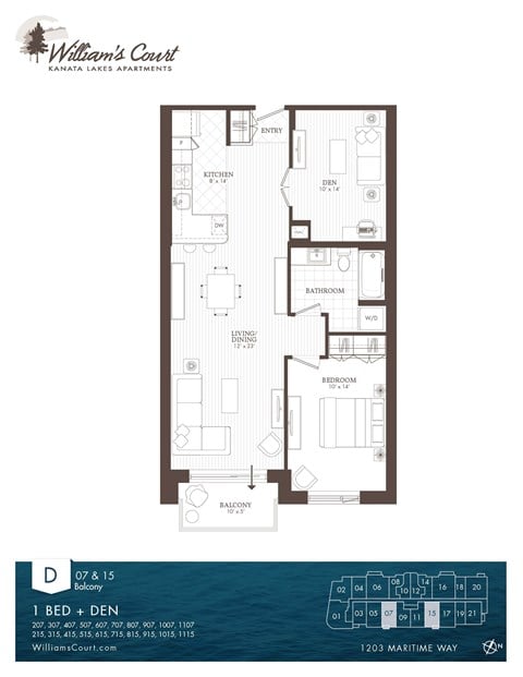 Floor plan for 1 bed, 1 bath, 840 sqft